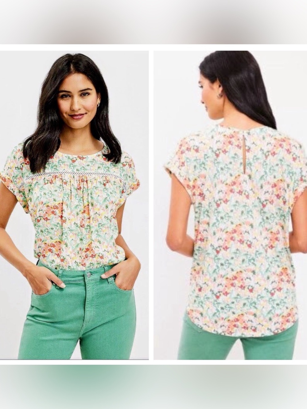 LOFT Buttercup Floral Mixed Media Yellow Green Pink Top Size S